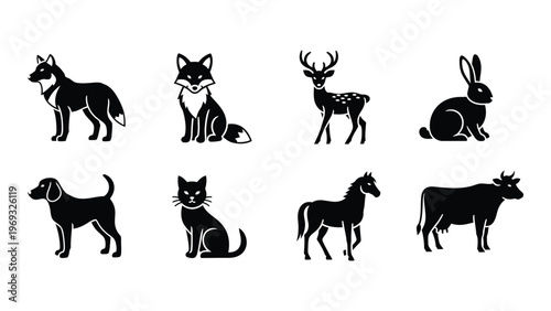A collection of black animal silhouettes depicting a dog fox deer rabbit cat horse and cow silhouette high quality professional detailed