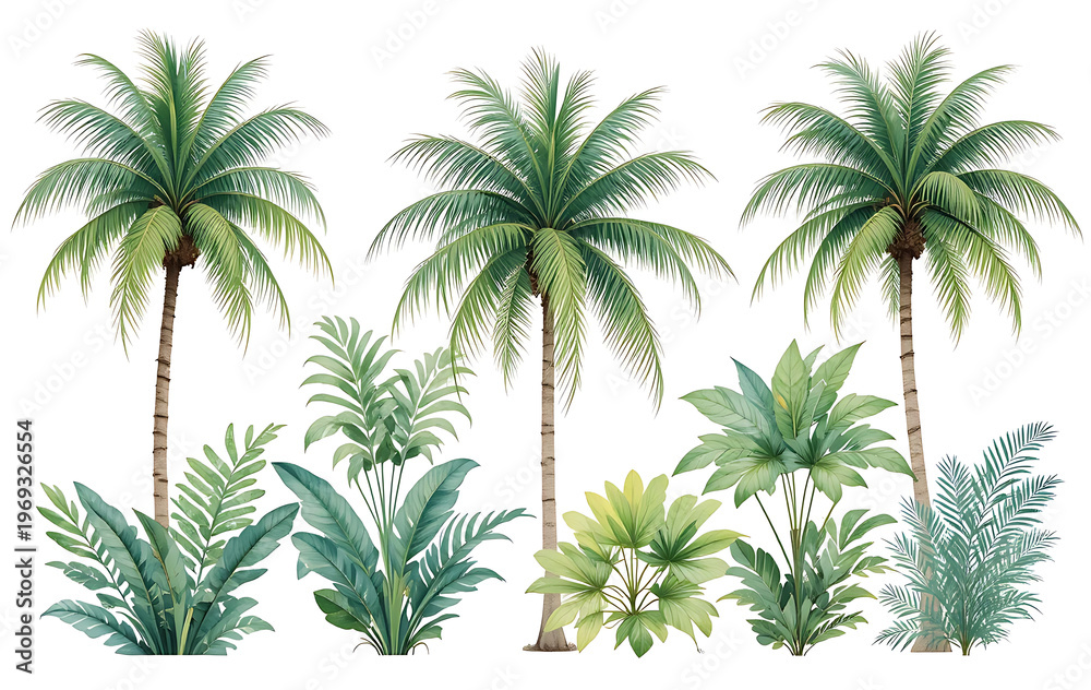 Fototapeta premium Tropical plants and palm trees on white background green leaves foliage