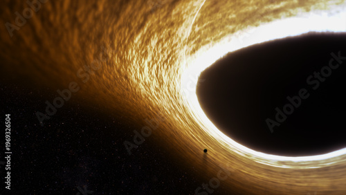 Supermassive black hole event horizon golden accretion disk gravitational lensing, warped spacetime, swirling plasma, deep space stars, cinematic cosmos, astrophysics concept, sci fi background