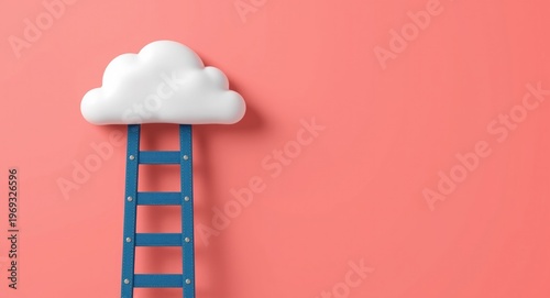 Three dimensional graphic of a white cloud resting above a denim blue ladder on a salmon pink background
