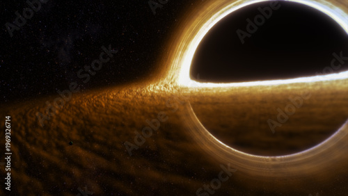 Supermassive black hole event horizon golden accretion disk gravitational lensing, warped spacetime, swirling plasma, deep space stars, cinematic cosmos, astrophysics concept, sci fi background