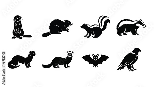 A collection of various animal silhouettes including mammals and a bird of prey displayed in black and white silhouette high quality