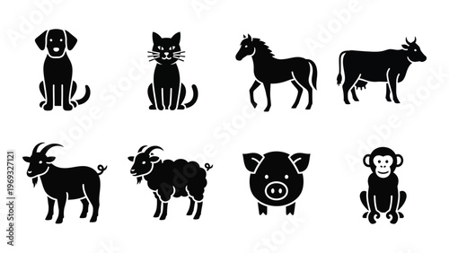 A collection of farm and domestic animals depicted in a stark black style presented as a silhouette high quality professional detailed