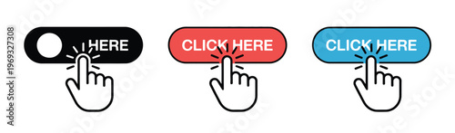 Interactive, vector icon of click here button symbolizing call to action, online engagement, UI elements, and clickable interface for web and app design projects.