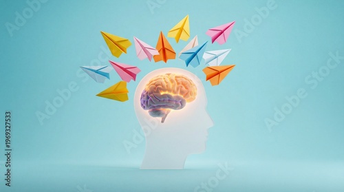 Conceptual image of a human head with a glowing brain and colorful paper planes flying out