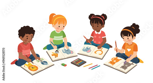Four diverse children sit together on the floor, happily drawing various animals in their sketchbooks with colored pencils and art supplies.