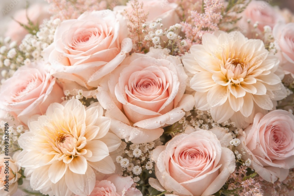 Fototapeta premium Pastel Roses and Dahlias Floral Arrangement Close-Up with Delicate Details