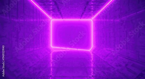 Futuristic interior presenting a vivid violet neon abstract background with light effects