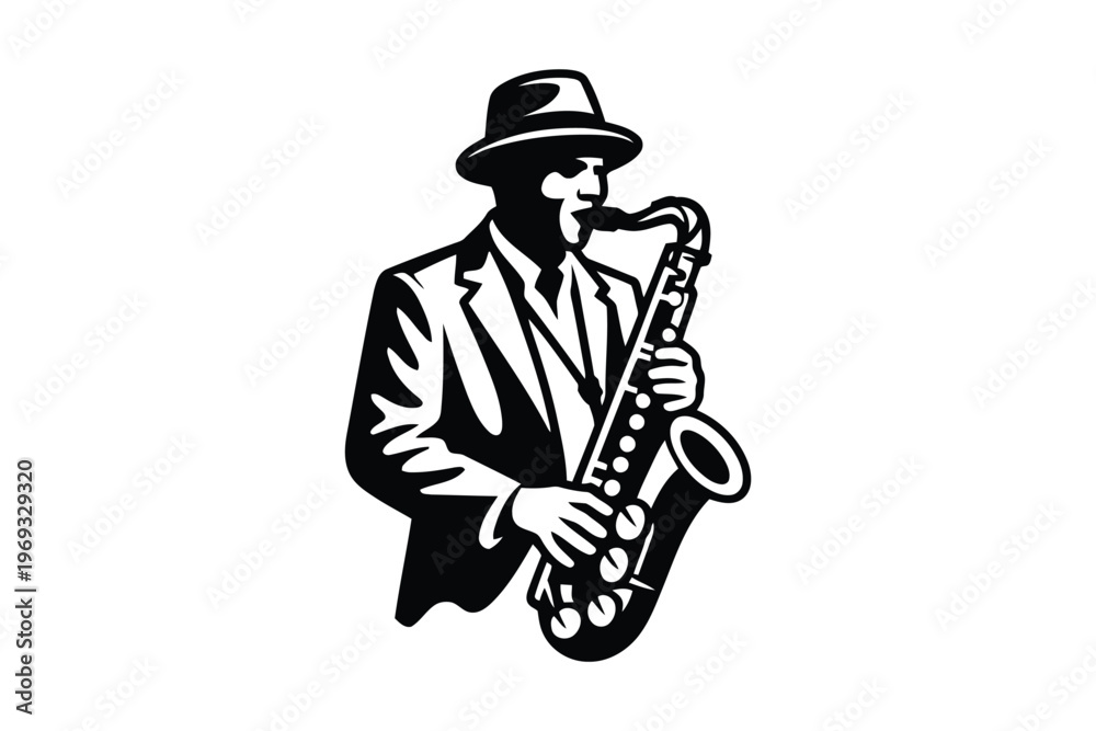 Naklejka premium Black and white silhouette of a man in a suit and hat playing a saxophone musician
