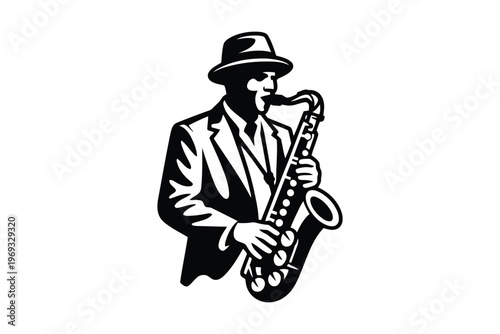 Black and white silhouette of a man in a suit and hat playing a saxophone musician