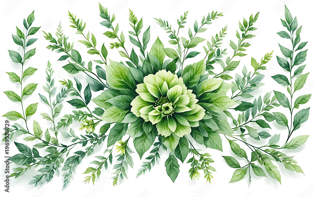 Fototapeta premium White and green chrysanthemum flowers with serrated leaves on light green background white chrysanthemum