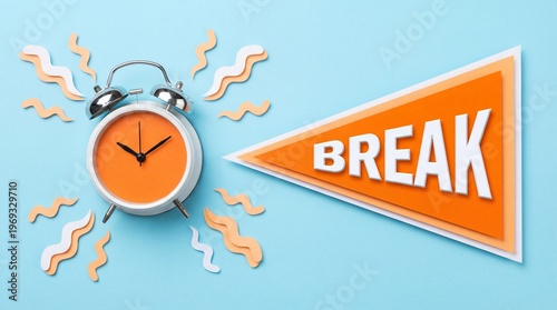 Alarm clock with a triangular sign that says break on a blue background