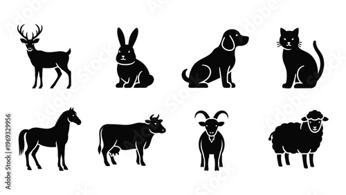 A collection of eight different animal silhouettes including a deer rabbit dog cat horse cow goat and sheep silhouette high quality