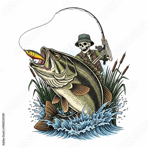 Skeleton fisherman catching largemouth bass with lure in water vintage woodcut style illustration