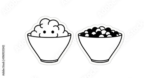 Charming black and white illustration of two bowls one with popcorn and one with berries
