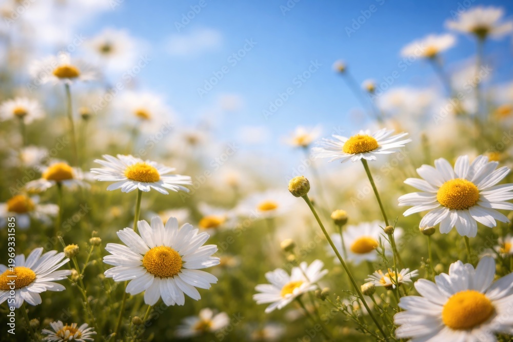 Fototapeta premium Soft focus springtime scene with blooming chamomile flowers under a clear blue sky