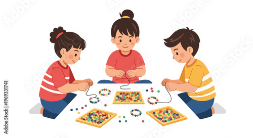 Three children are sitting on the floor together, happily stringing colorful beads onto threads to create beautiful handmade bracelets.