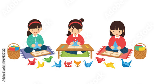 Three young girls are sitting on a floor happily folding colorful origami papers into various shapes like cranes and foxes.
