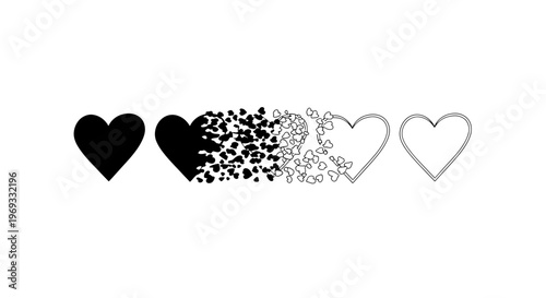 A progression of hearts from solid to fragmented to outline illustrating emotional stages and vulnerability