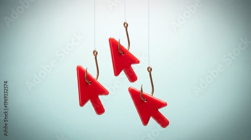 Red computer mouse cursors hanging on fishing hooks as a metaphor for phishing attacks