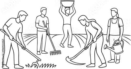 Community Farm Workers Harvesting and Gardening Together in a Cooperative Outdoor Field