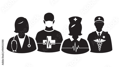 Diverse Group of Essential Healthcare Professionals Silhouettes: Doctor, Masked Medical Worker, Nurse, and Paramedic Icons Representing Frontline Services