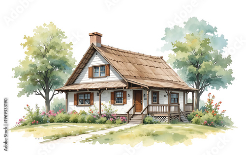 White house with brown roof and porch surrounded by trees and flowers