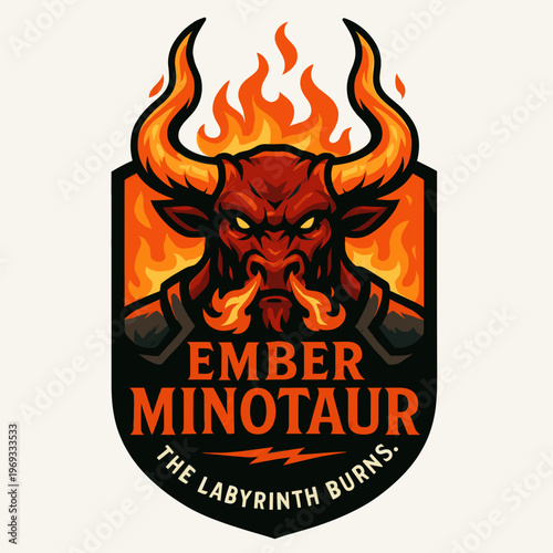 Keywords and original title vector logo set featuring an ember minotaur emblem roaring fiercely against a fiery backdrop, suitable for branding projects.