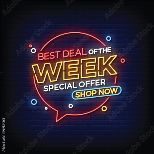 Photos best deal of the week neon signboard with brick wall background vector