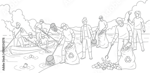 People collecting trash on a beach and in a boat