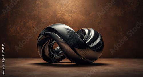 Modern 3D twisted design in front of textured brown background depicting futuristic innovation