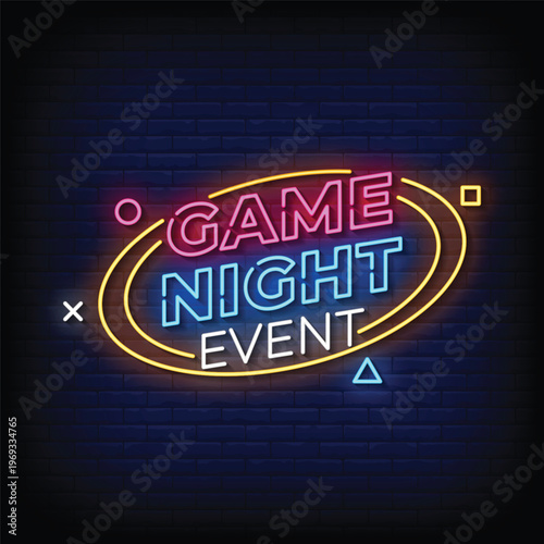 game night event neon signboard with brick wall background vector