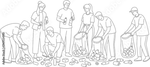 Group of people collecting and sorting recyclable waste materials together