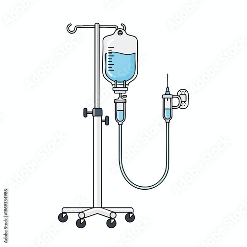 Medical IV drip stand with bag, tubing, needle, and bandage