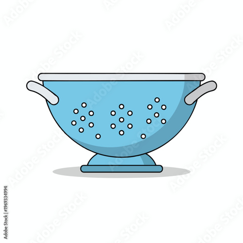 A blue colander with white holes rests on a white background with a shadow