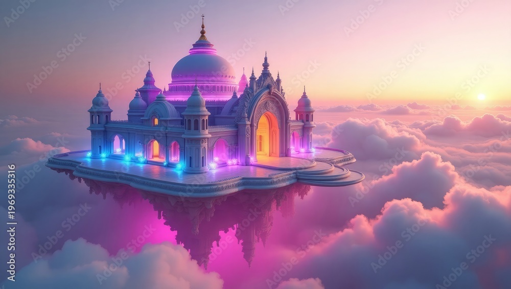 Obraz premium Ethereal palace floating amidst pastel clouds at sunset pink