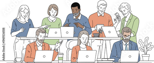 Diverse group of people working collaboratively on laptops in an office setting