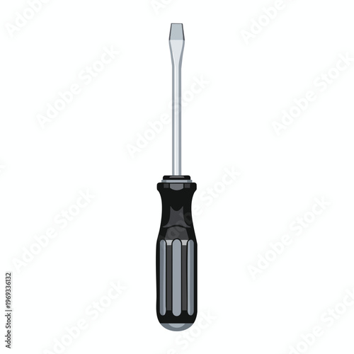 A simple flathead screwdriver with a black handle and silver shaft