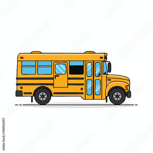 Yellow school bus with blue windows, black wheels, and detailed features