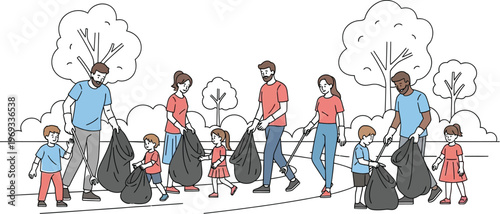 Families cleaning up community with trash bags and tools