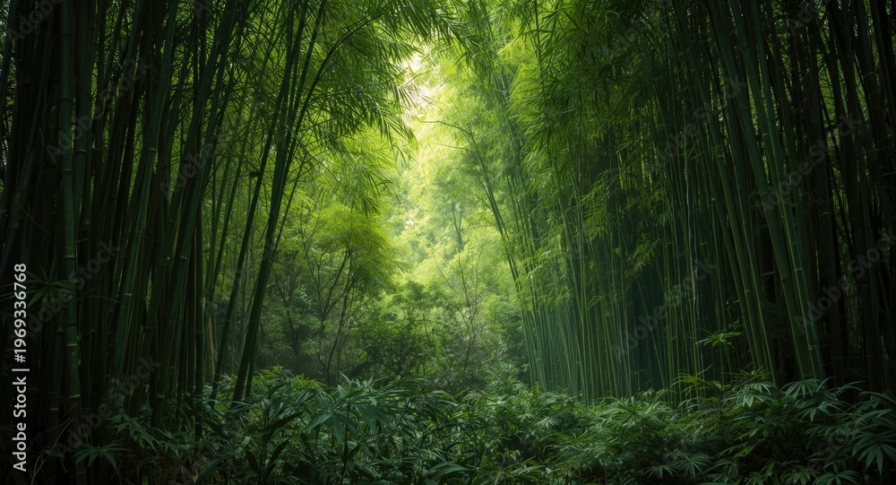 Obraz premium Softly lit bamboo grove backdrop with rich green foliage creating a tranquil environment for nature visuals
