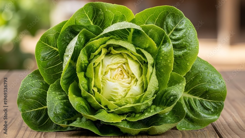 Fototapeta premium Fresh butter lettuce head with water droplets on wooden table, close-up studio shot