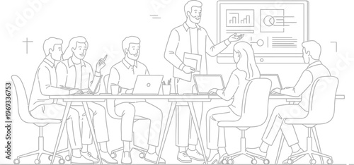 Business team engaged in a productive meeting with laptops and presentation