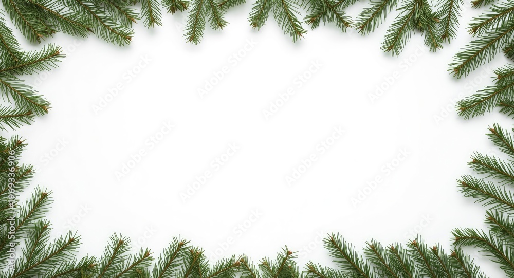 Fototapeta premium White backdrop decorated with green pine twig frame for Christmas inspired artworks
