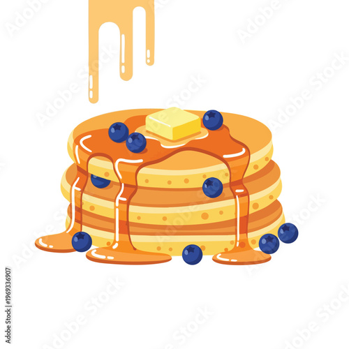 Stacked golden pancakes drizzled with syrup, topped with butter and blueberries