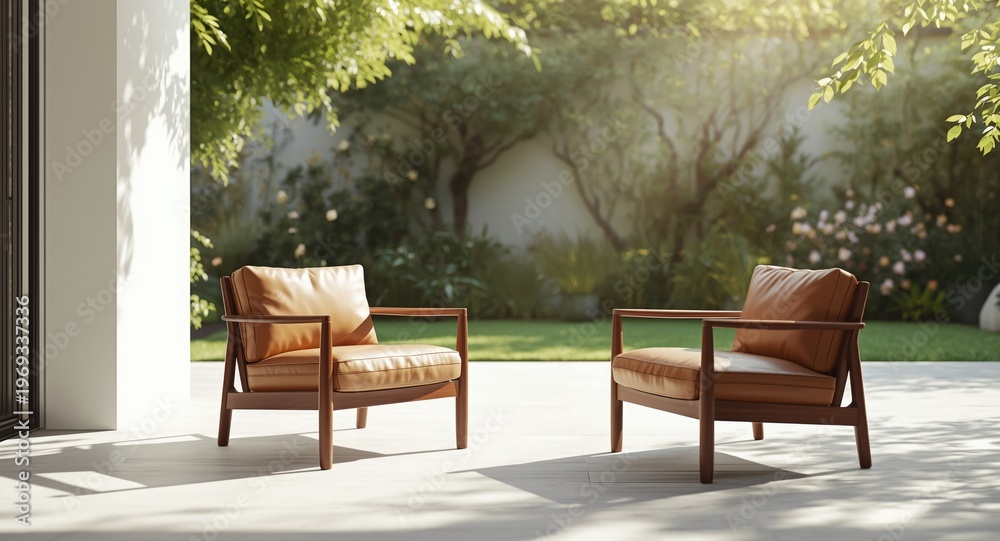 Obraz premium Two stylish leather chairs featuring rich hardwood construction set on white outdoor comfort deck
