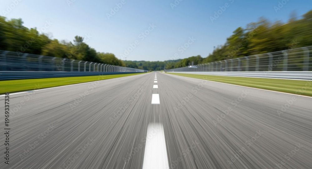 Obraz premium Three lane white asphalt speedway with starting line and flexible copy space for branding