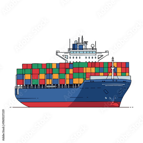 A large blue cargo ship is filled with colorful stacked containers