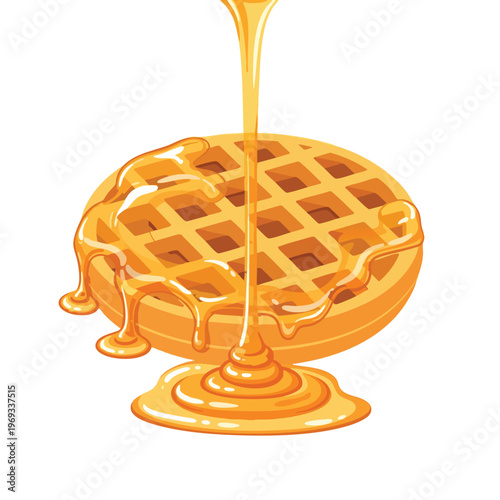 Golden circular waffle drenched in thick, glossy honey, with drips forming puddles