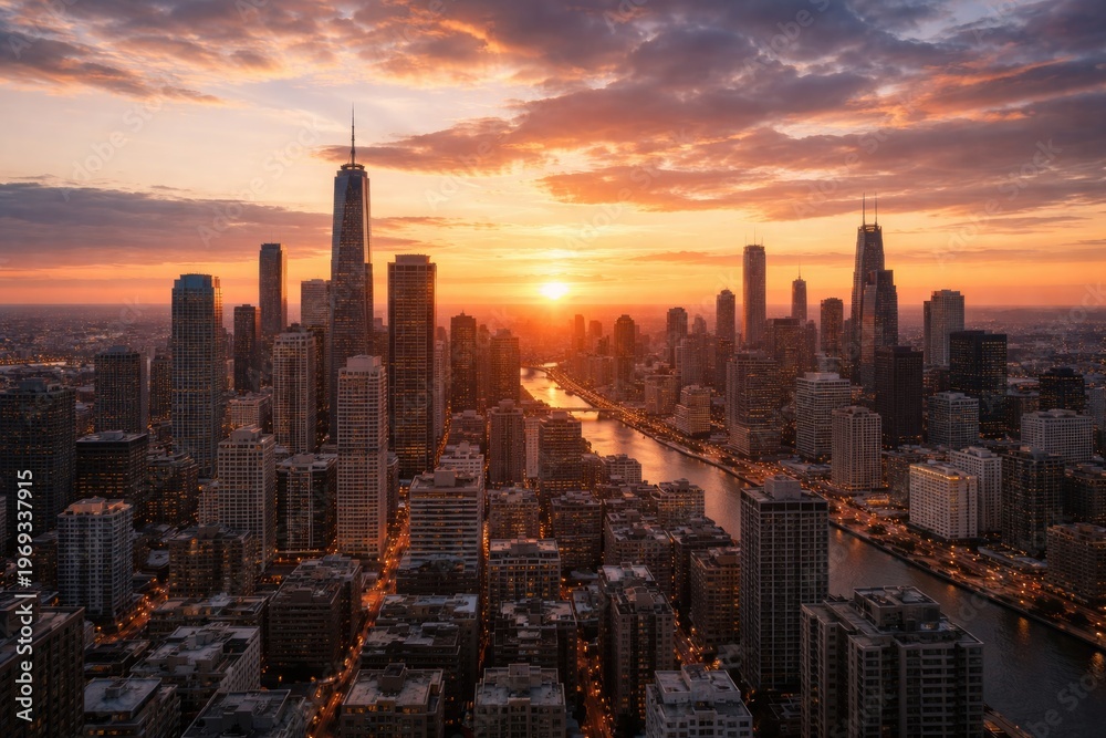Fototapeta premium Urban Skyline at Sunset Over River with Vibrant Clouds